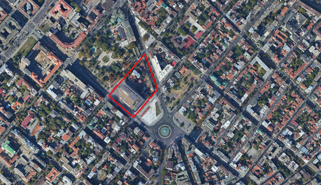 Slika 4 šire područje Trga Slavija sa ucrtanom pozicijom konkursnog obuhvata